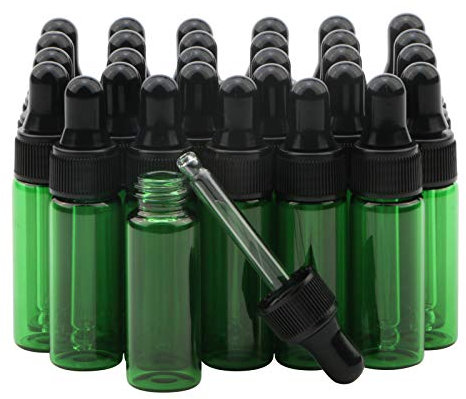 Rowiz 30 PCS 5ml Small Dropper Bottles Essential Oil Glass Bottle,Lotion Perfume Sample Vials with Glass Eye Dropper and Black Caps Bottle. (green)