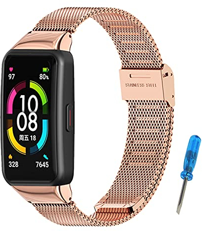 SenMore Armband Kompatibles für Huawei Band 6 & Honor Band 6 Armband Edelstahlband Wasserdichtes Modisches Armband Ersatzband aus Metall für Honor Band 6 & Huawei Band 6 (kein Host)(Roségold)