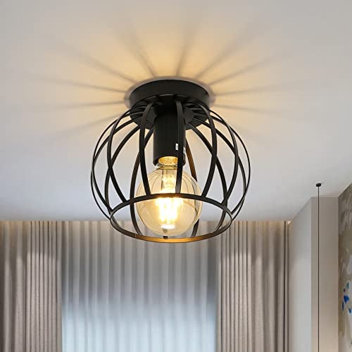 Pheashine Deckenleuchte Vintage, Schwarz Semi Unterputz Deckenlampe, Metallkäfig Deckenleuchte Lampenschirm mit E27 Halter für Wohnzimmer, Küche, Schlafzimmer, Flur, Korridor