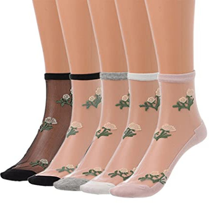 IYOU 5 paires Virer Chaussettes Rose Fleur Transparent Décontractée Chaussettes Verre L'été Extérieur Engrener La cheville Chaussettes pour Femmes et Filles …