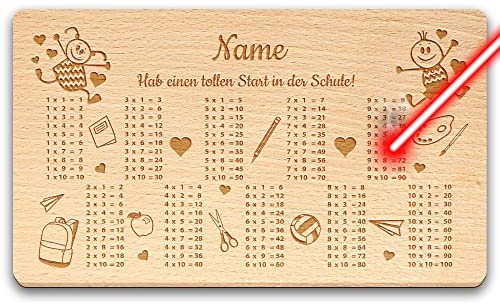 Frühstücksbrett mit Gravur zur Einschulung - Hab einen tollen Start in der Schule - mit Einmaleins und Wunschname - Einschulungsgeschenk für Mädchen und Jungen | Personalisiert mit Lasergravur