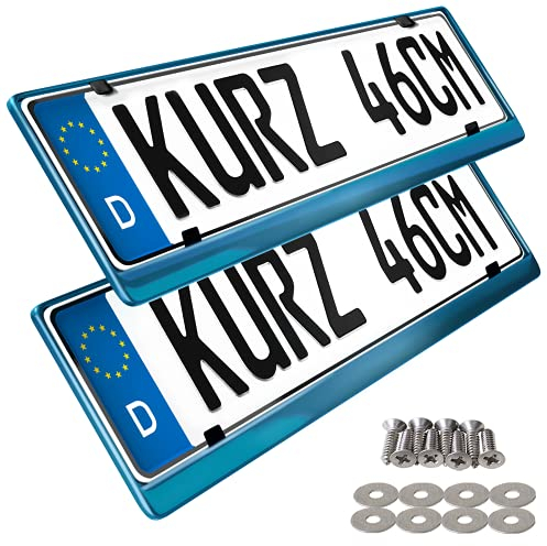 2 Kurze Kennzeichenhalter in Edelstahl für 46cm Kennzeichen - 100% Edelstahl - auch passend für gebogenen Stosstangen- INOX C.4580 460mm Halter (Blau-Chrom)