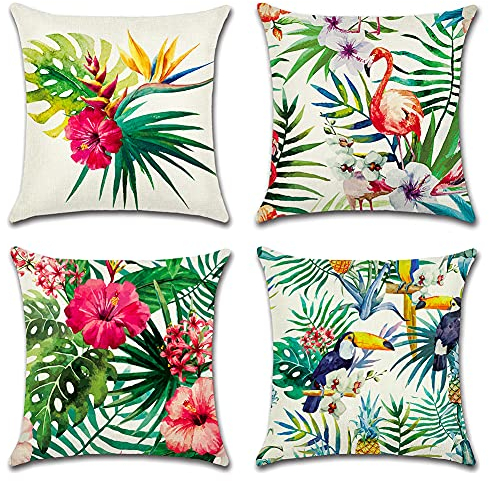 Artscope wasserdichte Kissenbezugen, 4 Stück Tropische Pflanzen und Blumen und Vögel Kissenhülle Atmungsaktiv Kissen Fall für Outdoor Balkon Terrasse Patio Garten Bauernhaus Dekor 40 x 40cm