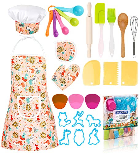 KAEGREEL Kit Petit Chef Cuisine Enfant avec Tablier Licorne, 26 Pièces Jouet Cuisine Ustensile avec Toque Cuillères Fouet, Chef Jeu de Rôle Cadeaux pour Garçons Filles 3 4 5 6 7 Ans (Orange)