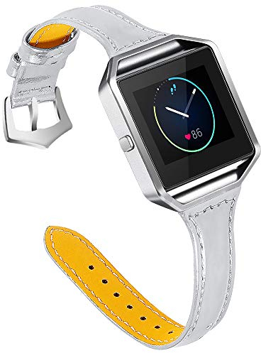 Lederarmband, kompatibel mit Fitbit Blaze, für Damen und Mädchen, Ersatz-Armband mit Metallrahmen, schlankes Sport-Armband, verstellbar, 14 - 20,3 cm, kompatibel mit Fitbit Blaze – Silber