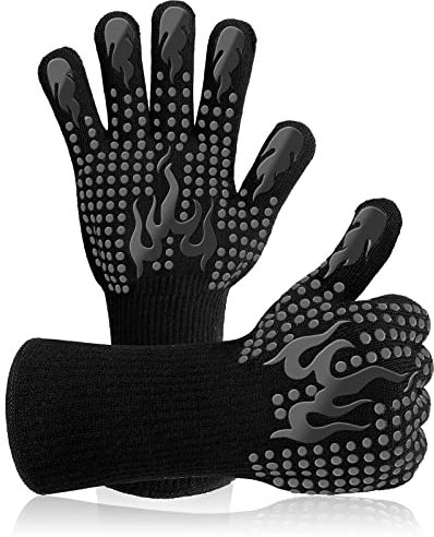 Gant Barbecue, Gants Anti Chaleur Jusqu'à 800°C Universel Gants de Cuisine Résistant à la Chaleur et Antidérapants Gants pour BBQ Grill Four Cuisine et Cheminée [1 Paire] - Noir