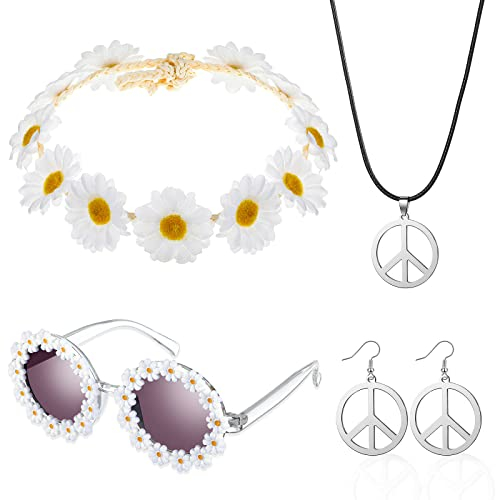 Aoriher Hippie Accessoires Damen für 60er 70er Jahre Hippie Schmuck für Schlagermove Outfit Damen inklusive Gänseblümchen Blumen Stirnband Vintage Rund Brille Friedenszeichen Halskette und Ohrringe