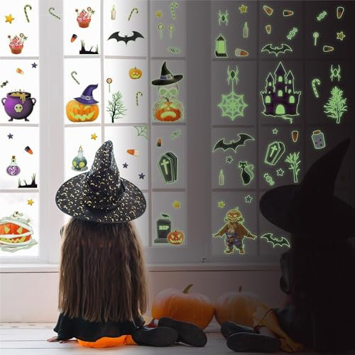 WALPLUS Glow-in-The-Dark Halloween Window Stickers – 83-Piece Haunted Pumpkin Set, Reusable Double-Sided Clings & Decals for Glass & Living Room Décor