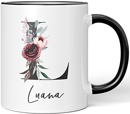 JUNIWORDS Tasse, Luana, Name Anfangsbuchstabe Initial Alphabet Floral Buchstabe L Monogramm Motiv, Schwarz (5583948)