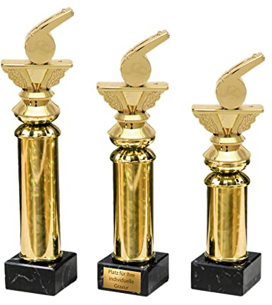 eberin · Schiri Pokal mit Gravur/Wunschtext · goldene Schiedsrichterpfeife auf Goldsäule/Marmor · Schiedsrichter/Referee Pokal in 3 Größen erhältlich · (22,0 cm)