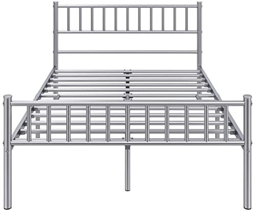 costoffs 4ft6 Double Metal Bed Frame, Slatted Iron Bed Base with Headboard and Footboard, Silver