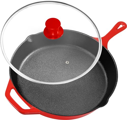 Utopia Kitchen 12 inch Pre-Seasoned Cast Iron Skillet With Lid - Frying Pan - Cast Iron Pan - Safe Grill Cookware for indoor & Outdoor Use, Red, UK1036