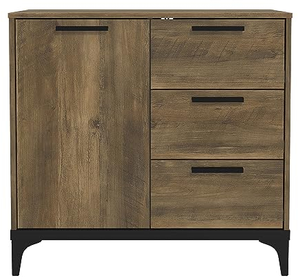 Galano Lawrence 1 Door 3 Drawer Sideboard – Storage Cabinet Organizer with Adjustable Shelves – Versatile Sideboard Unit for Living Room, Bedroom, or Hallway – Knotty Oak
