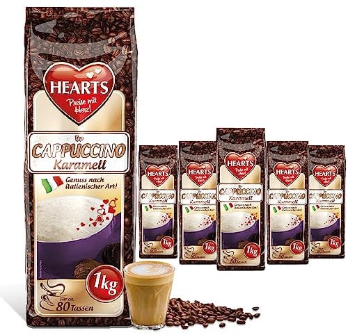 Hearts Cappuccino Caramel, 5 x 1 kg de poudre de café lnstant, facilement soluble, lot de 5, env. 400 tasses