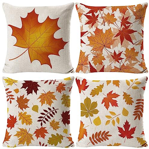4 Stück Kissenbezug für Thanksgiving - 45x45 cm Kissenhülle Dekokissen, Herbst Ahornblatt Design aus Leinen für Erntedankfest - Sofa, Couch, Bett, Home Decor