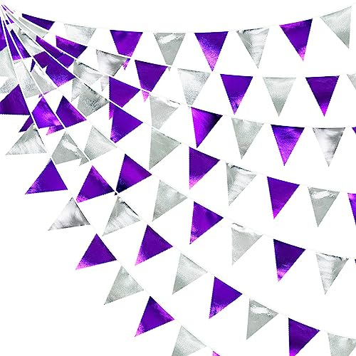 32Ft Purple Silver Bunting Banner Party Decorations Fabric Triangle Flag Pennant Garland Streamers for Graduation Retirement Engagement Disco Birthday Wedding Bridal Baby Shower Hanging Decoration