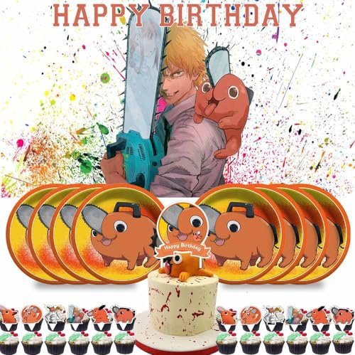 VEETHI Pochita Party Supplies Chainsaw Man Birthday Decorations Plates Banner Kids Cake Toppers Set Decorations Decor