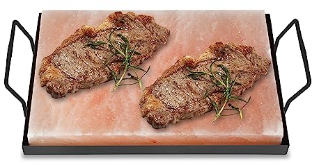 Joparri Salzstein zum Grillen, 30x20x3cm Salz Grillsteine Mit Eisenplatte,Grill Salzstein BBQ, Original Kristallsalz aus dem Vorgebirge,Wiederverwendbar Salzgrillstein