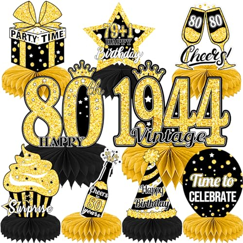 ALEGRE® 80. Geburtstag Tischdeko Schwarz Gold, 9 Stück Vintage Bienenwaben Deko Tischaufsätze, 80 Geburtstag Männer Frauen Dekoration Tischdeko, Geschenke für Männer 80. Geburtstag Deko Geburtstag