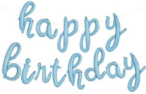 TONIFUL Happy Birthday Banner, kursive Luftballons, hellblaue Mylar-Folie, Geburtstagsdekorationen für Kinder und Erwachsene