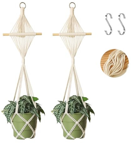 2Pcs Macrame Plant Hangers Indoor Macrame Hanging Planters Large for up to 10 inch Pot No Tassels Long Crochet Boho Plant Hanger Holder for Indoor Outdoor Plants with 2 Stainless Steel Hooks(Cream)