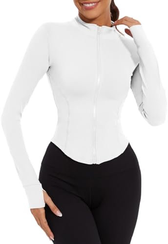 Joligiao Womens Running Jacket Slim Fit Long Sleeve Gym Wear Tops Zip Up Sports Jackets Lightweight Stretchy Breathable Activewear with Thumb Holes(White,L)