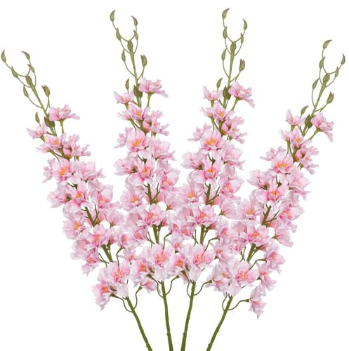 Briful 4er Set Künstliche Delphinium Kunstblumen Wie Echt Rosa Dekoblumen Rittersporn mit Langen Stielen Seidenblumen für Blumengesteck Home Hochzeit Dekoration