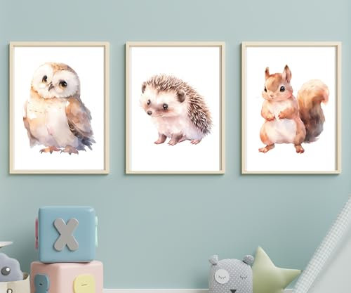 Din A4 Kunstdruck 3er Set ohne Rahmen - Süße Waldtiere - Igel Eichhörnchen Eule - Kinderzimmer Babyzimmer Nursery Baby - Druck Poster Bild