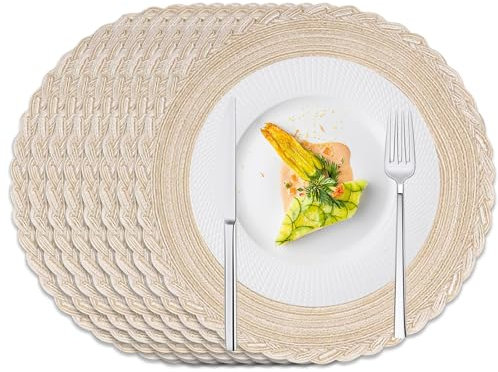 DENUOTOP 8er Set Platzset Rund, Tischsets Platzsets Abwaschbar, Boho Geflochten Hitzebeständig Placemat (8er Blume Streifen, Beige)