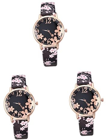 SOIMISS 3stücke Damen Armbanduhr Mit Eleganten Pflaumenblüten-Muster Modische Uhr Für Frauen Und Schülerinnen Attraktives Design Für Jeden Anlass
