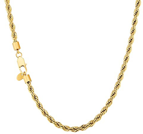 KRKC Herren Halskette, Kordelkette 18K Gold Vergoldet Edelstahl 6mm Rope Chain, Nickelfrei Kette für Männer Herren Länge 61cm
