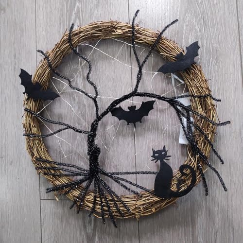 Leuchtender schwarzer -Katzenkranz | Halloween- Türdekorationen | Leuchtende Kränze für Haustür | Halloween-Türkränze mit Katzenfledermaus | Halloween-Hängedekoration