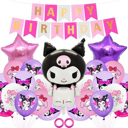 Kuromi Decoración para Fiestas - Juego de 26 Globos Con Banderola y Cinta de Feliz Cumpleaños - Para Celebraciones Infantiles, Niñas y Baby Showers