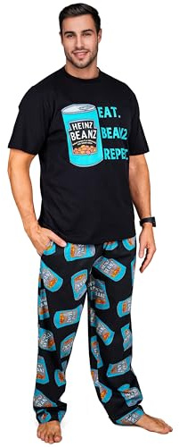 HEINZ Mens Pyjamas Set PJs T-Shirt Long Bottoms Breathable Loungewear Comfy Nightwear Baked Beans Funny Gifts for Men (L, Black)