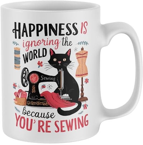 Purple Print House Happiness Sewing Mug Womens Sewer Sewist Tea Coffee Cup Christmas Stocking Filler Gift