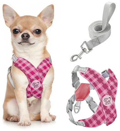 Pawaboo Hundegeschirr mit Hundeleine Set, X-Rahmen Verstellbares Anti Zug Anti-Erstickung Hund Brustgeschirr für Kleine, Mittelgroße Hunde & Welpen, Hundeweste mit Leine, S, Rosa Kariert