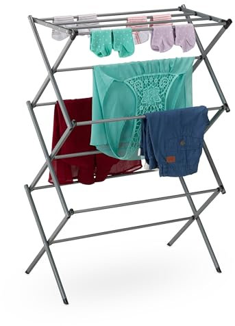 Relaxdays Wäscheständer klappbar, 11 Stangen, 6 Ebenen, HBT: 105x73x37 cm, Wäscheturm, Metall Wäschegestell, Silber