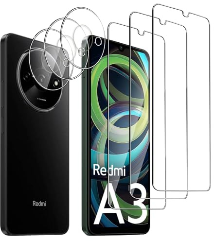 Jinshiweikai 6 Piezas: 3 x Protector Pantalla para XiaomiRedmi A3 y 3 x Protector Pantalla Protector de Lente de Cámara, Dureza 9H Antiarrayazos, Antihuellas, HD Ultraclaro