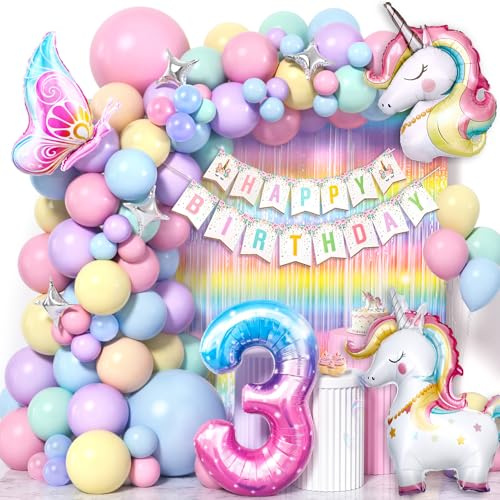 Cleboen Einhorn Deko Kindergeburtstag Mädchen 1 2 3 4 5 6 Jahre, Pastell Luftballon Girlande mit Einhorn Luftballon Lametta Vorhang, Einhorn Kindergeburtstag Decorations Party Deko