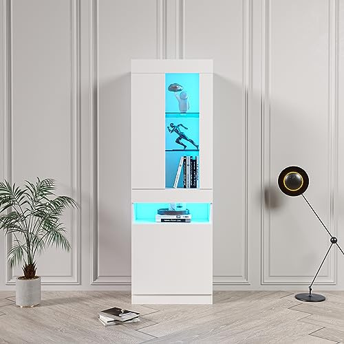 Merax Weiße Vitrine mit 16 Farben LED-Beleuchtung,Standvitrine, Stauraumvitrine, Hochglanz Vitrinenschrank, USB LED, Wohnzimmer Aufbewahrungsschrank - 50x40x180 cm