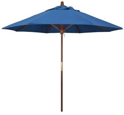 ZIHQRgE 270cm Großer Terrassen-Sonnenschirm mit 8 Rippen, Marktschirm Aus Holz UV-Schutz Belüftung Riemenscheibenaufzug(Blau)