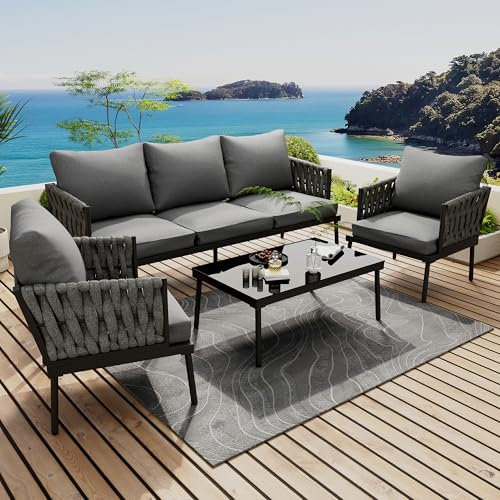 A ALFRESCOOL Gartenlounge Outdoor, Garten Loungesessel Set mit Bequemen Kissen, 3er Sofa, 2 Sessel und Couchtisch, Outdoor, Glastischplatte, Geflochtene Seilarmlehnen, Verzinkter Stahl, Grau