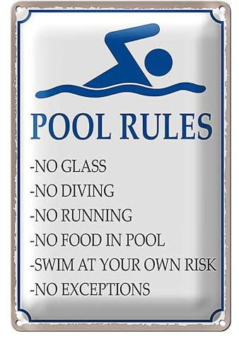 Pool Rules Schild | Kein Glas | Kein Tauchen | Kein Rennen | Kein Essen | Schwimmen auf eigene Gefahr | 12 cm x 18 cm