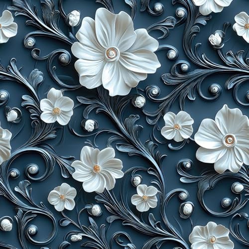 ReWallpaper 44.5CMx7M Faux 3D Wallpaper Peel and Stick Vintage Blue Floral Vinyl Wrap for Kitchen Cupboards Decorative Bathroom Wall Paper Waterproof White Floral Wallpaper Removable
