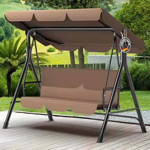 Balancín de jardín de 3 plazas con toldo ajustable, estructura de acero robusta, resistente a la intemperie, resistente al agua, soporta hasta 200 kg, color marrón oscuro