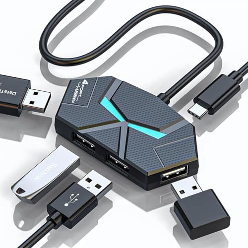 USB Hub 3.0, 4-Port USB Hub Splitter with Lights, 4ft/1.2m Long Cable Compatible with MacBook, Laptop, Surface Pro, PS4, PC, Flash Drive, Mobile HDD
