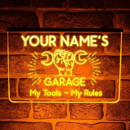 Custom Garage LED Neon Sign – Personalised Man Cave Wall Decor – Light Up Car Themed Plaque for Workshop or Home Garage (Yellow)