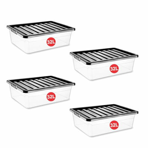 RelianceUK 4 X 32L Underbed Storage Boxes – Clear Plastic Storage Boxes with Black Lids – 32 Litres Nestable Stackable Multipurpose Under Bed Storage Containers for Bedroom, Home & Office