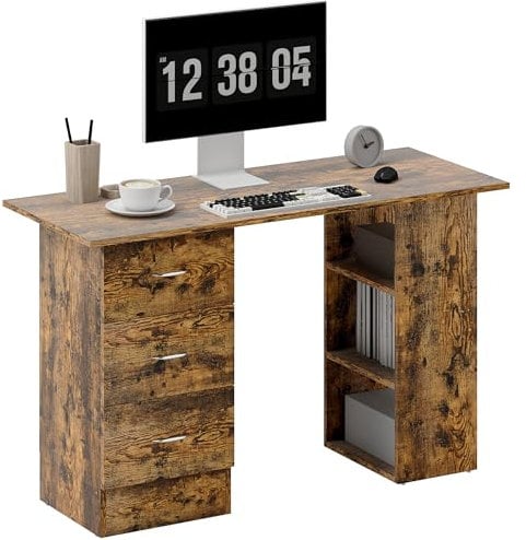 HOMCOM Computer Desk, Writing Table, PC Workstation with 3 Storage Shelves and Drawers, Silver Handle, for Home Office, Rustic Brown