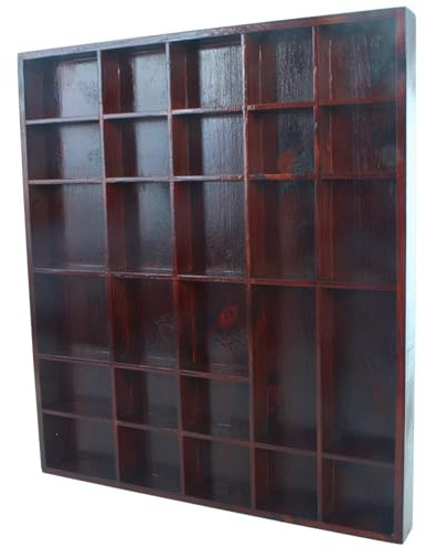 WooDeeDoo Wooden 28 Compartments Display Trinkets Shelf - Hand-Stained - Teak - Gloss - Keepsakes Shadow Box Wall Rack Crystal Ornament Cabinet Unit Organiser Tray - 45 x 40 x 3.5 cm
